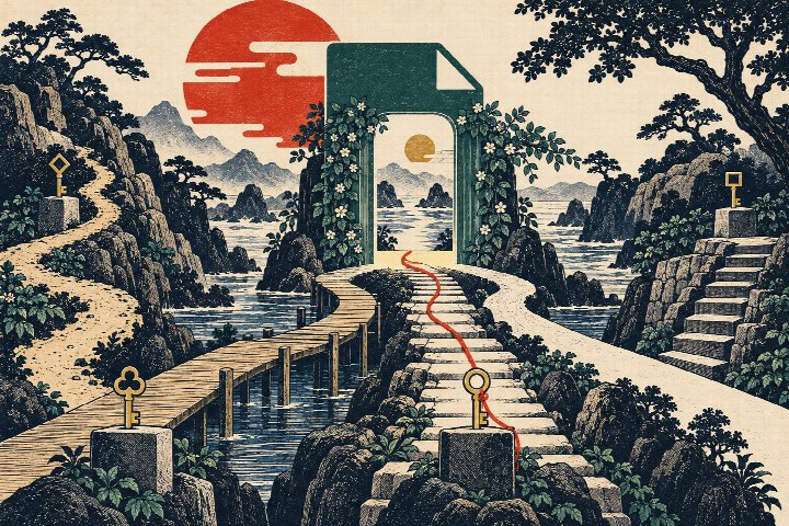 鍵を備えた複数の経路が同じ資料へ続く