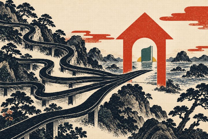 複数の経路が合流する門