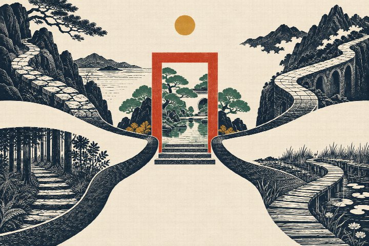一つの入口へ集まる道